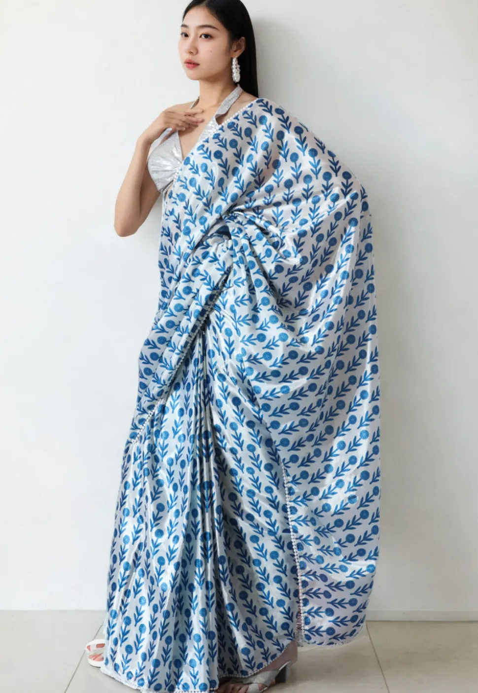 Pre Stitched Chinon Chiffon Saree in White
