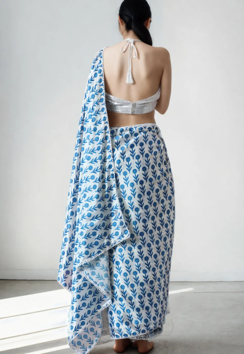 Pre Stitched Chinon Chiffon Saree in White