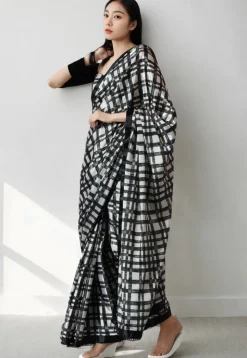 Pre Stitched Chinon Chiffon Saree in Black