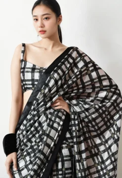 Pre Stitched Chinon Chiffon Saree in Black