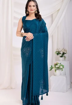 Pre Stitched Chinon Silk Saree in Teal