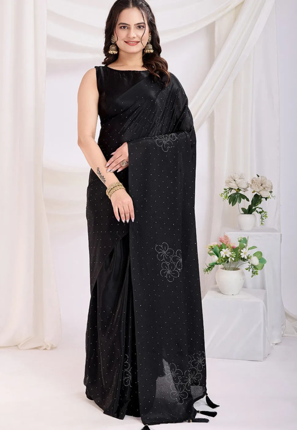 Pre Stitched Chinon Silk Saree in Black