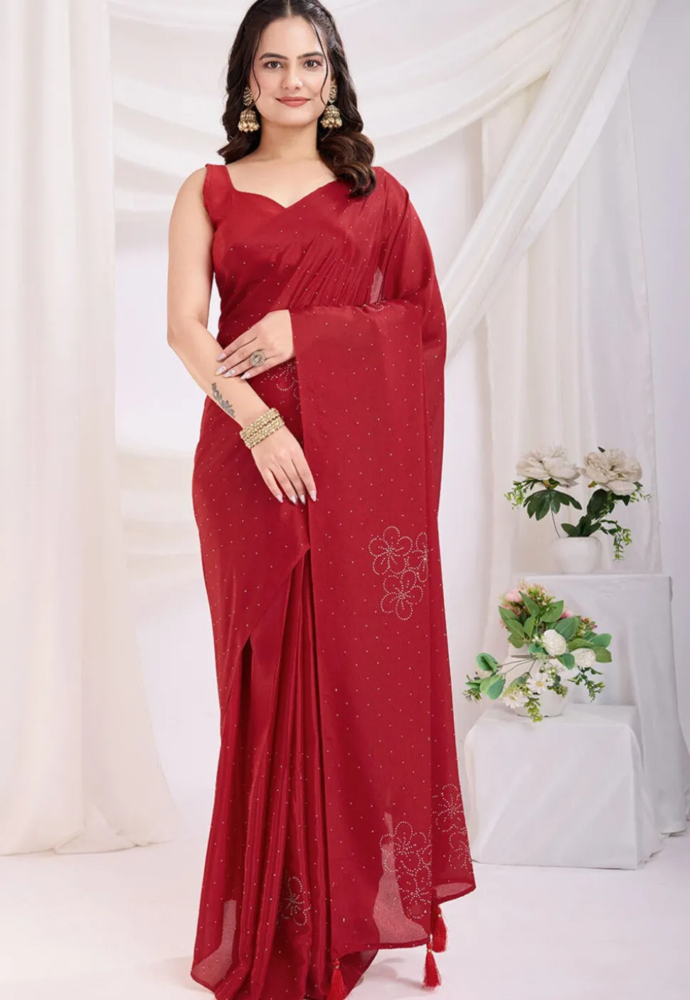 Pre Stitched Chinon Silk Saree in Red