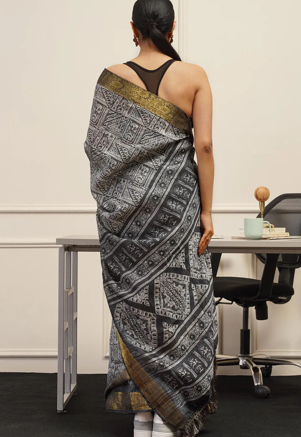 Pre Stitched Cotton Saree in Grey