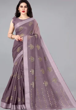 Pre Stitched Cotton Slub Saree in Purple