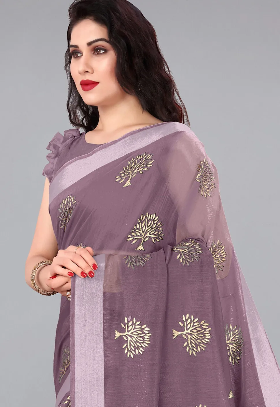 Pre Stitched Cotton Slub Saree in Purple