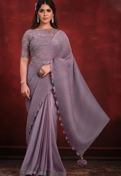 Pre Stitched Crepe Silk Accordian Saree in Purple