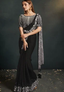 Pre Stitched Crepe Silk Saree in Black