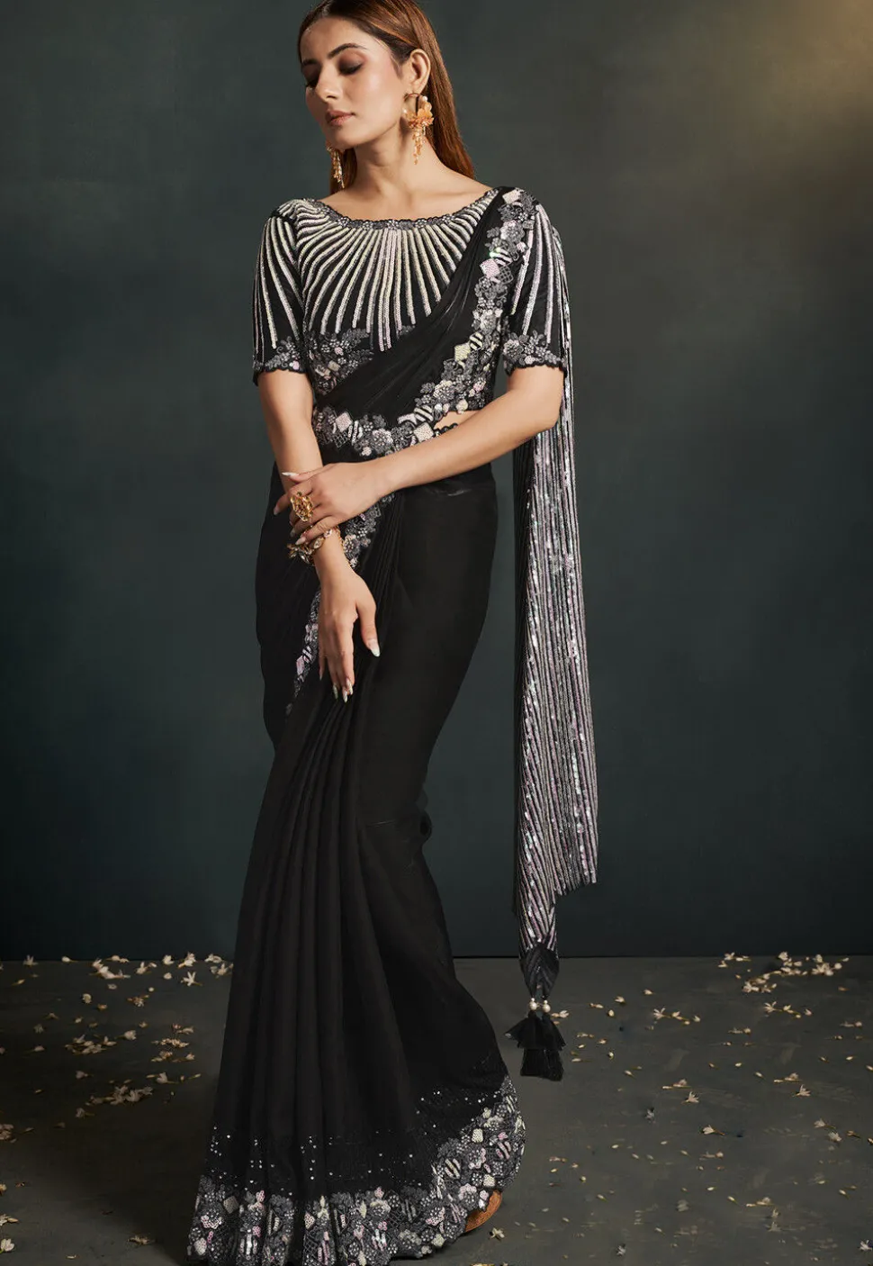 Pre Stitched Crepe Silk Saree in Black