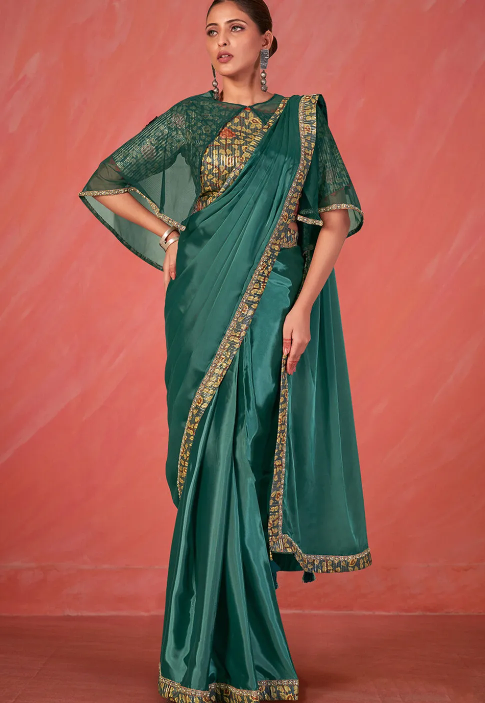 Pre Stitched Crepe Silk Saree in Green