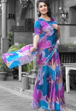 Pre Stitched Georgette Saree in Multicolor
