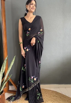 Pre Stitched Georgette Saree in Black