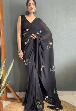 Pre Stitched Georgette Saree in Black