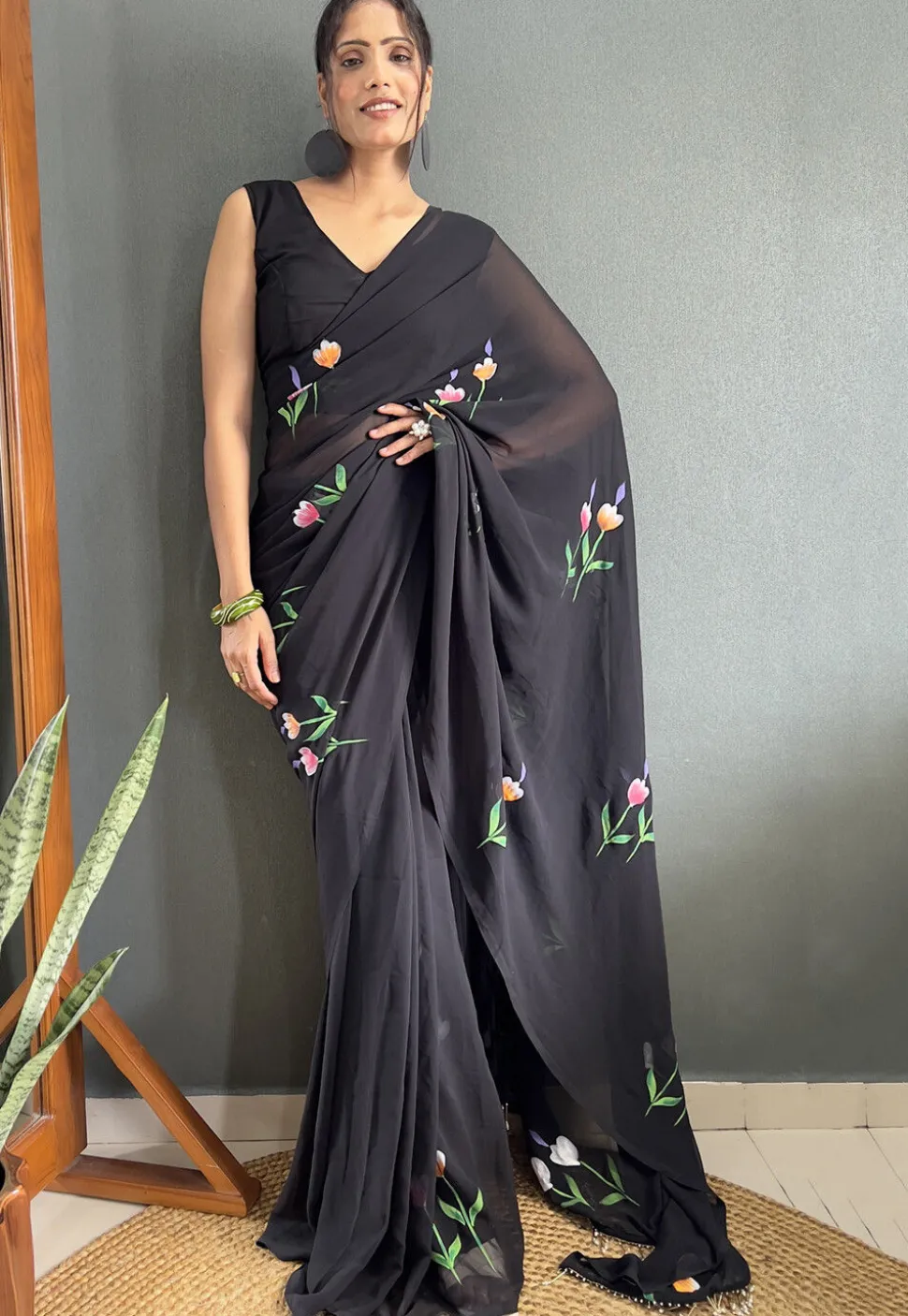 Pre Stitched Georgette Saree in Black