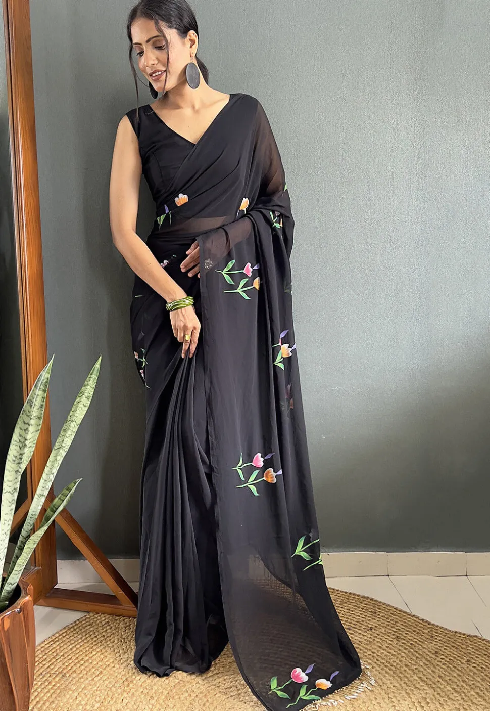 Pre Stitched Georgette Saree in Black