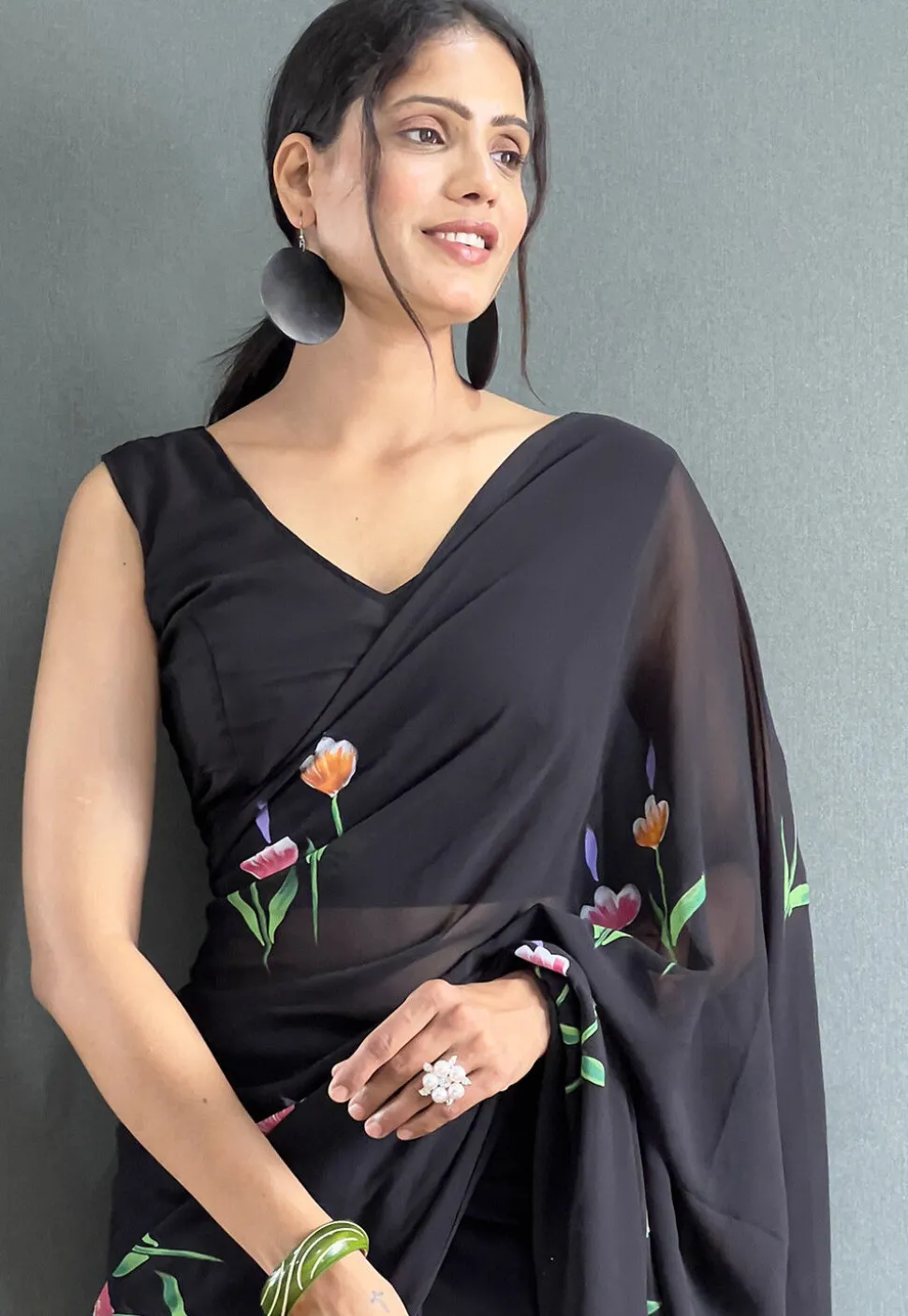 Pre Stitched Georgette Saree in Black