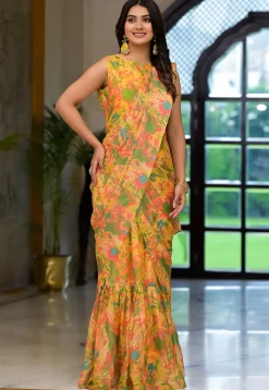 Pre Stitched Georgette Saree in Yellow