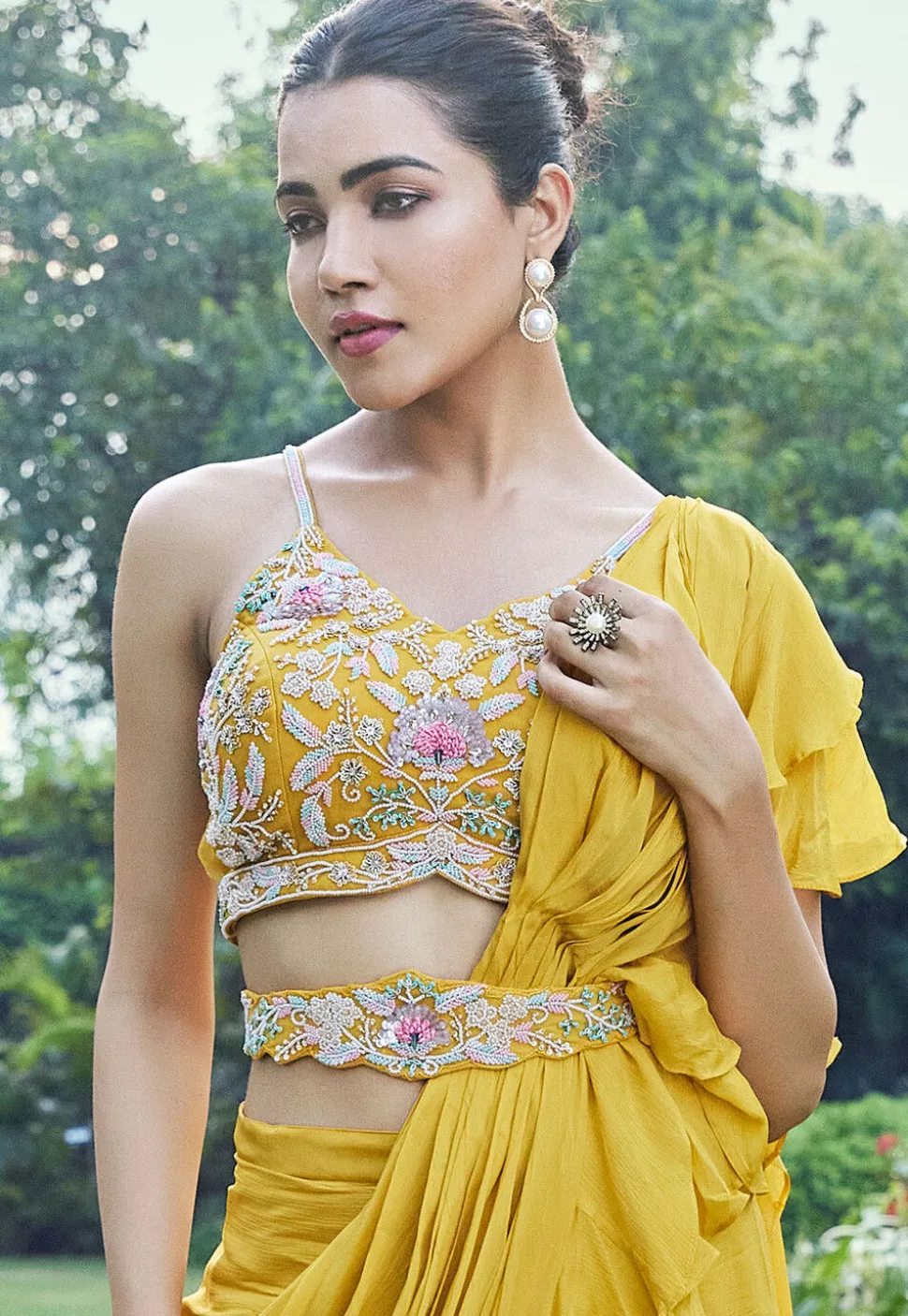 Pre Stitched Georgette Saree in Yellow