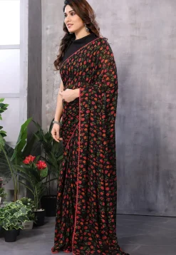 Pre Stitched Georgette Saree in Black