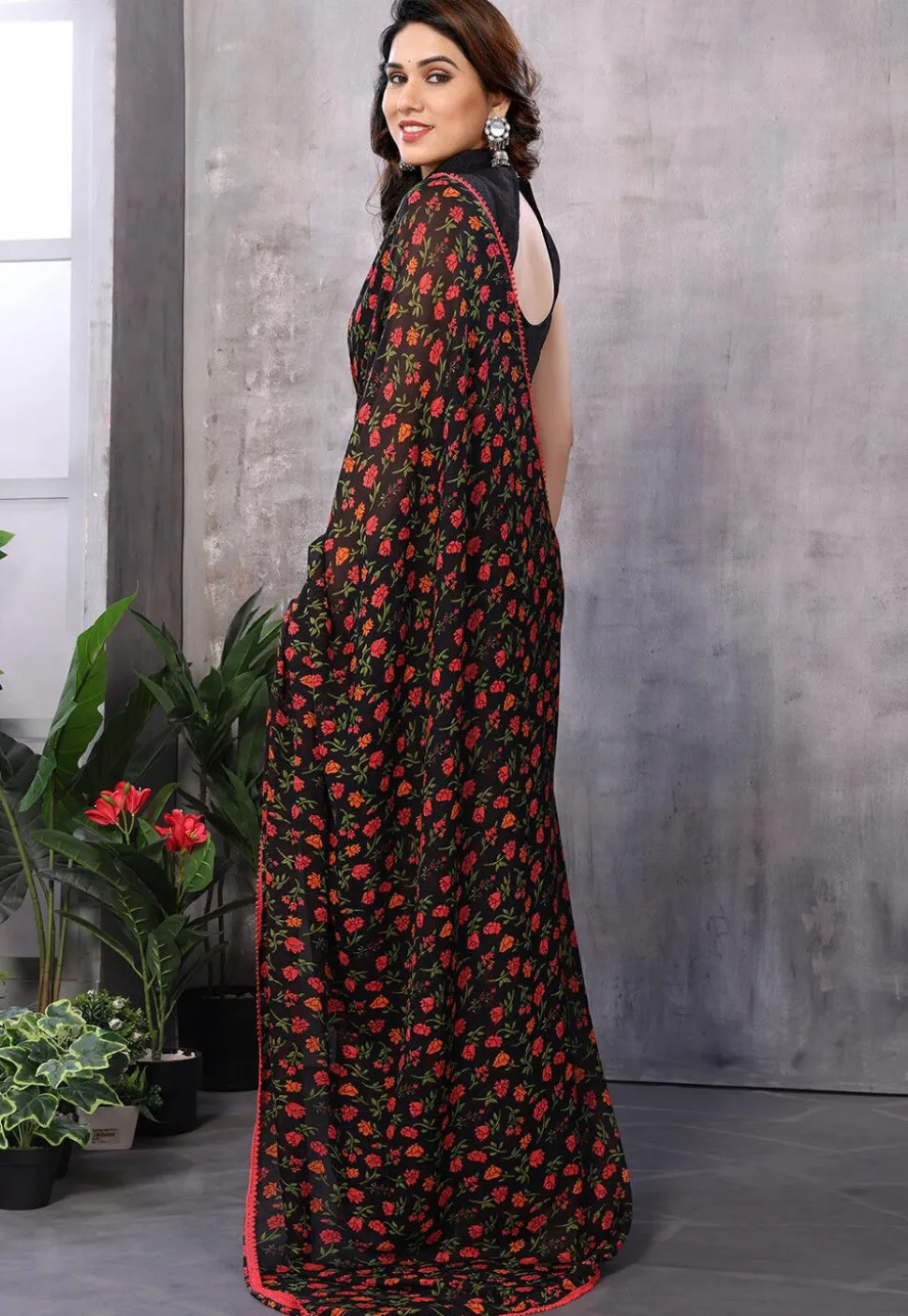 Pre Stitched Georgette Saree in Black