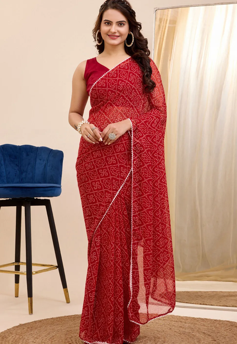 Pre Stitched Georgette Saree in Maroon