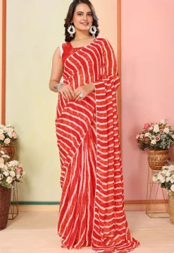 Pre Stitched Georgette Saree in Red