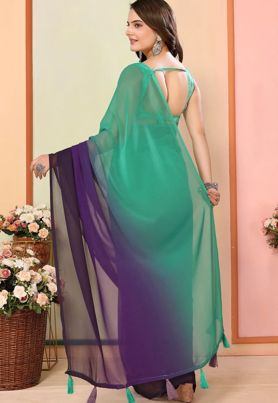 Pre Stitched Georgette Saree in Shaded Sea Green and Purple