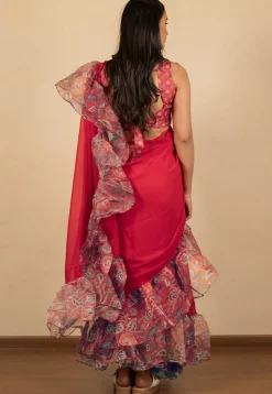 Pre Stitched Georgette Saree in Red