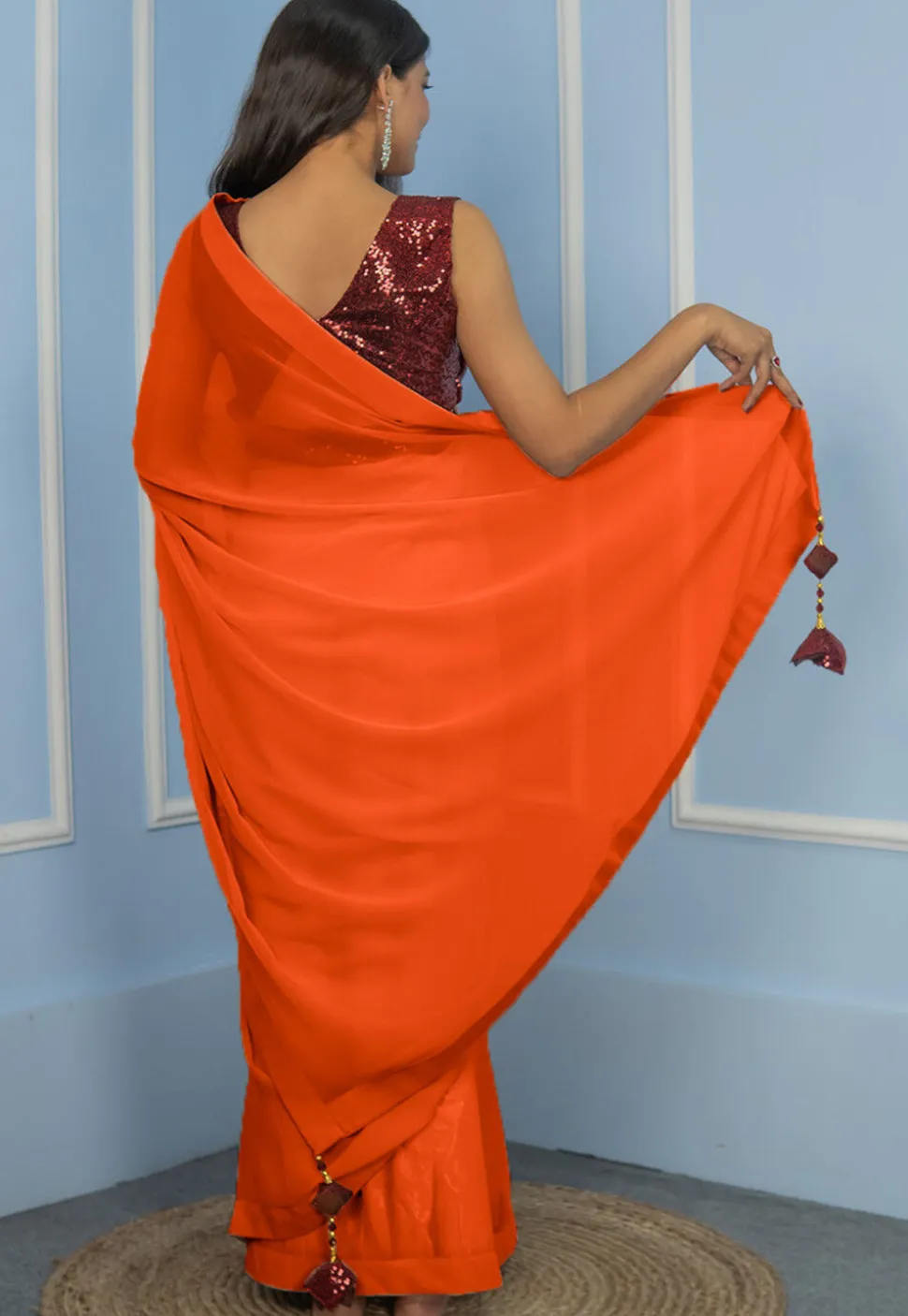 Pre Stitched Georgette Saree in Orange