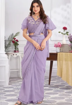 Pre Stitched Georgette Saree in Purple