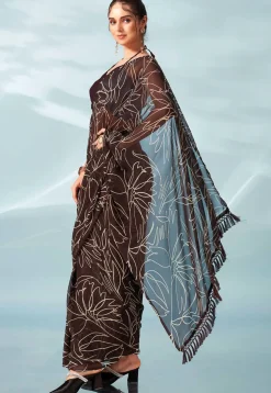 Pre Stitched Georgette Saree in Brown