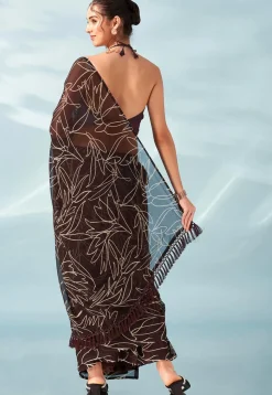 Pre Stitched Georgette Saree in Brown