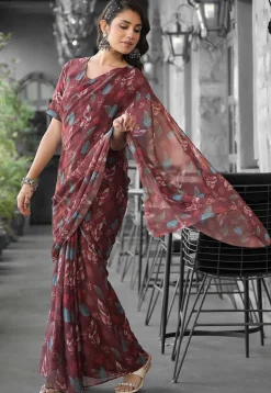 Pre Stitched Georgette Saree in Brown