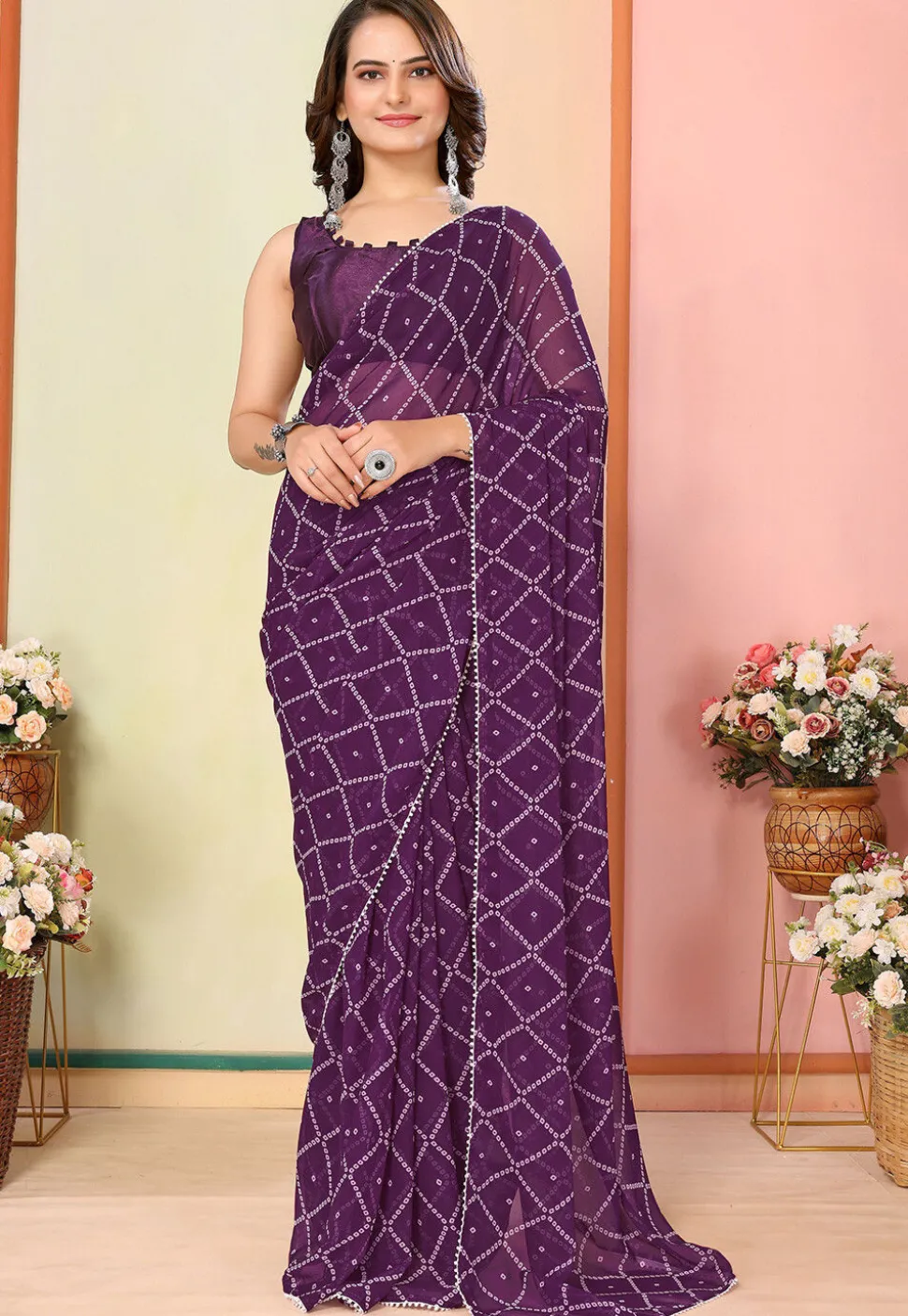 Pre Stitched Georgette Saree in Purple