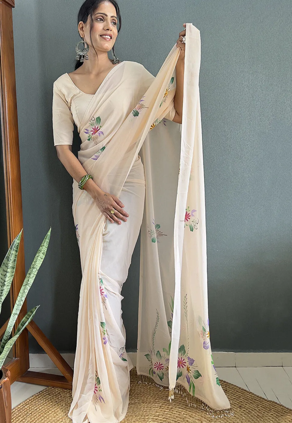 Pre Stitched Georgette Saree in Off White