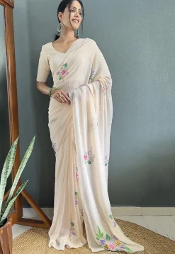 Pre Stitched Georgette Saree in Off White