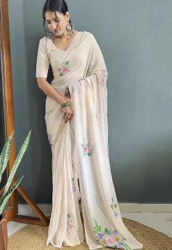 Pre Stitched Georgette Saree in Off White