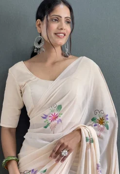 Pre Stitched Georgette Saree in Off White