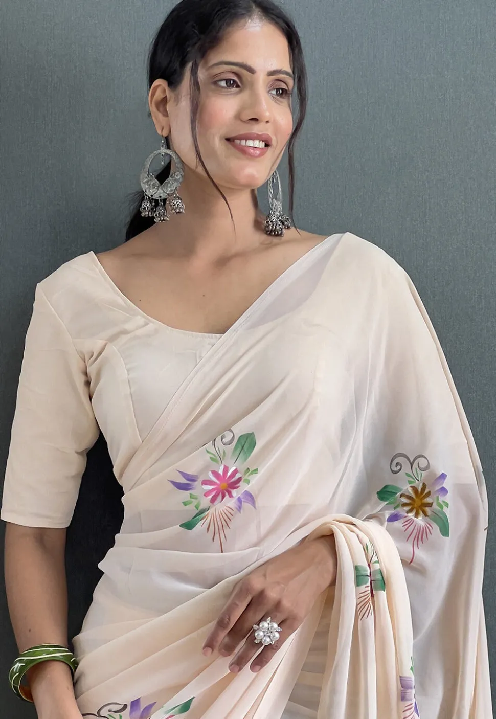 Pre Stitched Georgette Saree in Off White