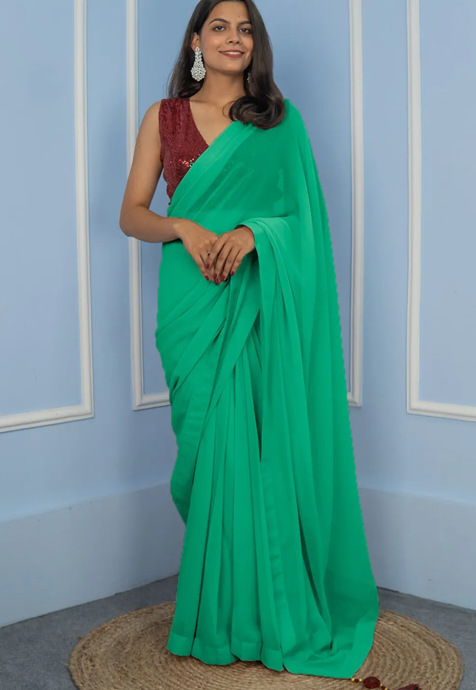 Pre Stitched Georgette Saree in Sea Green
