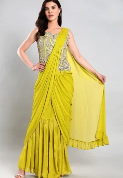 Pre Stitched Georgette Saree in Light Green