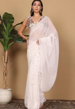 Pre Stitched Georgette Saree in White