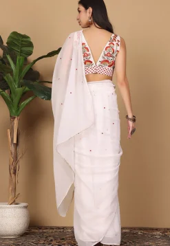 Pre Stitched Georgette Saree in White