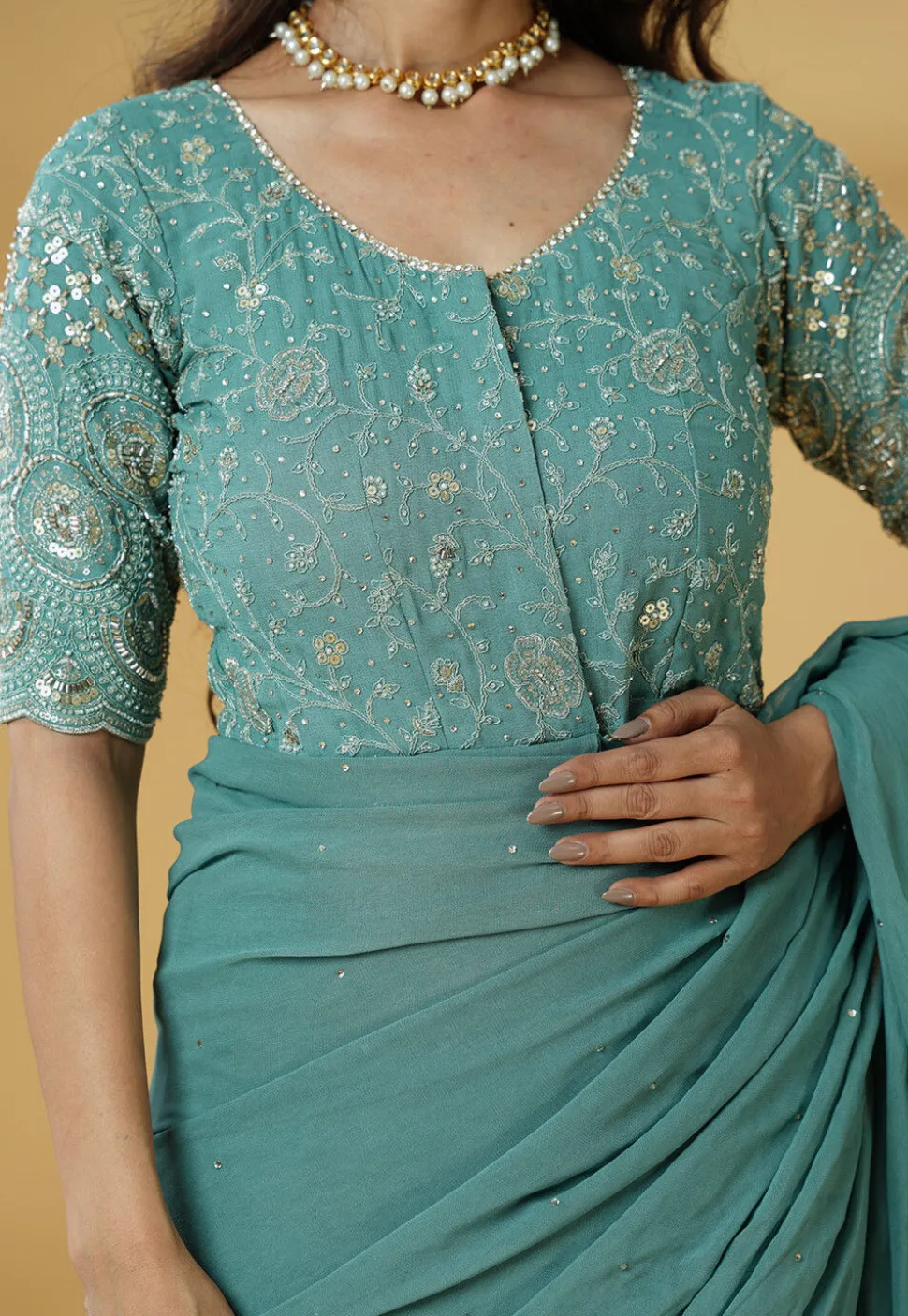 Pre Stitched Georgette Saree in Dusty Green