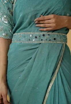 Pre Stitched Georgette Saree in Dusty Green