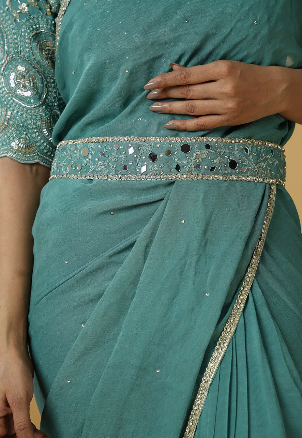 Pre Stitched Georgette Saree in Dusty Green