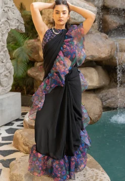 Pre Stitched Georgette Saree in Black