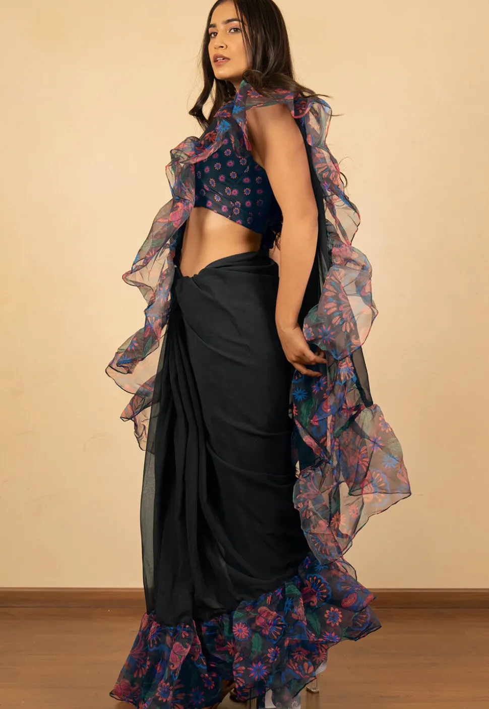 Pre Stitched Georgette Saree in Black