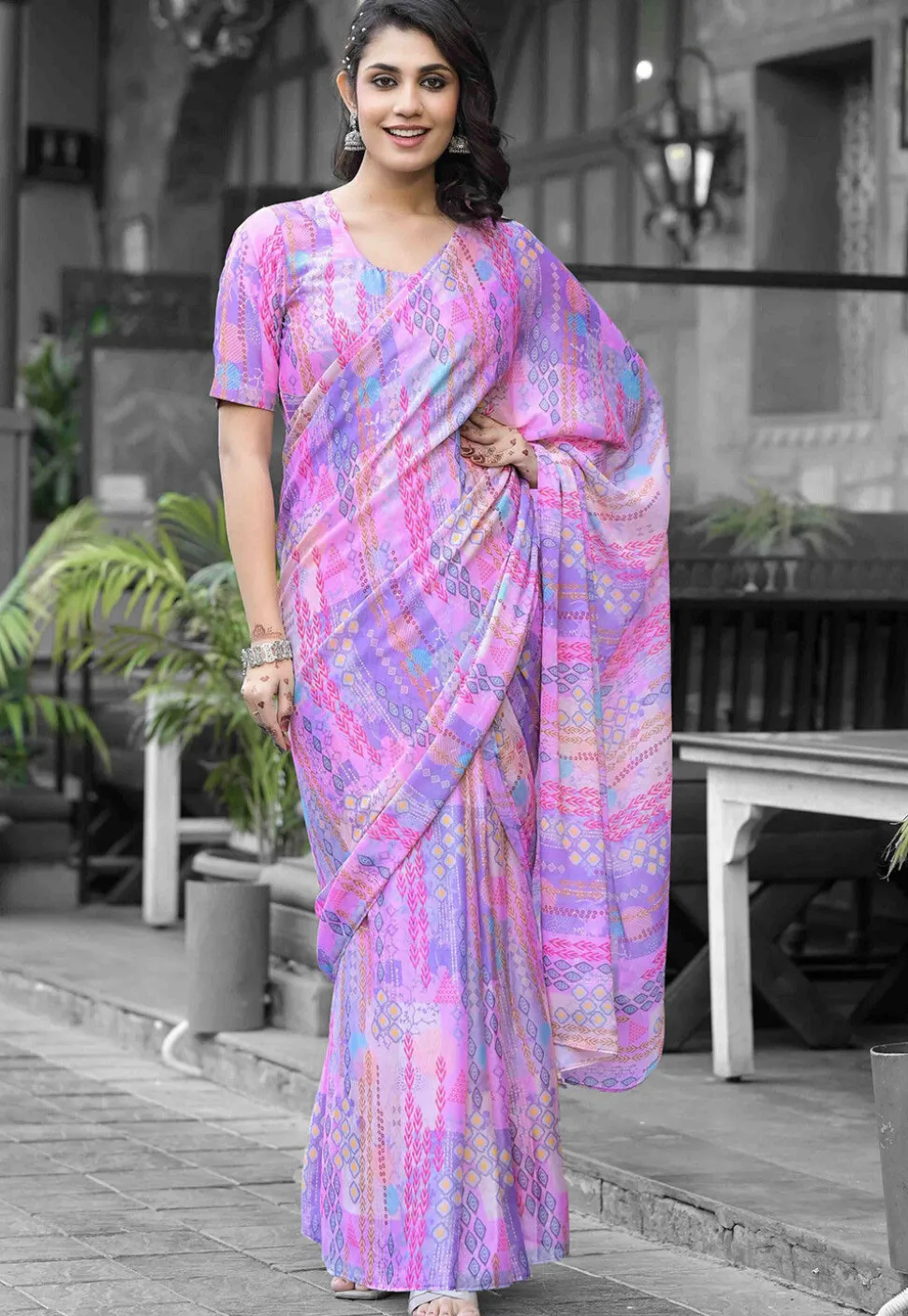 Pre Stitched Georgette Saree in Purple