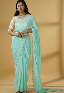 Pre Stitched Georgette Saree in Sky Blue